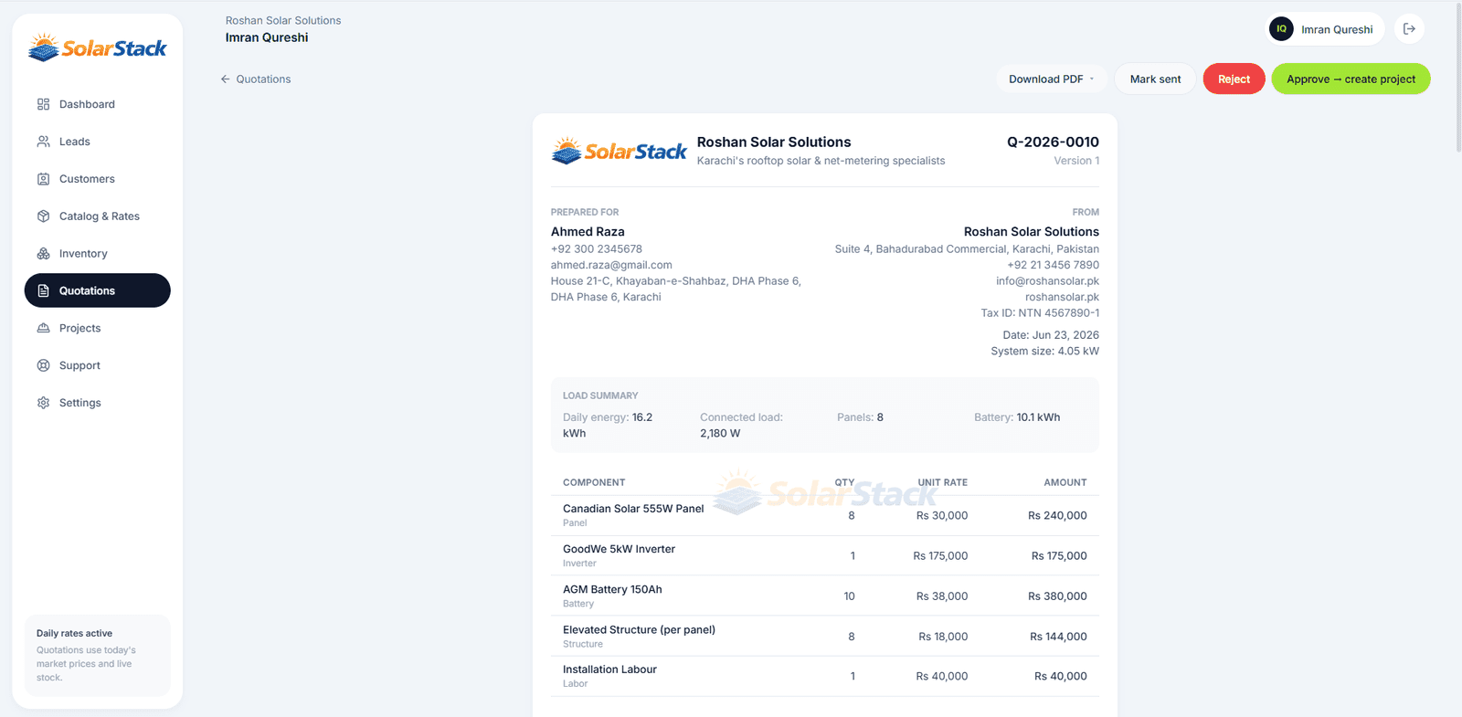SolarStack quotation builder — interactive walkthrough
