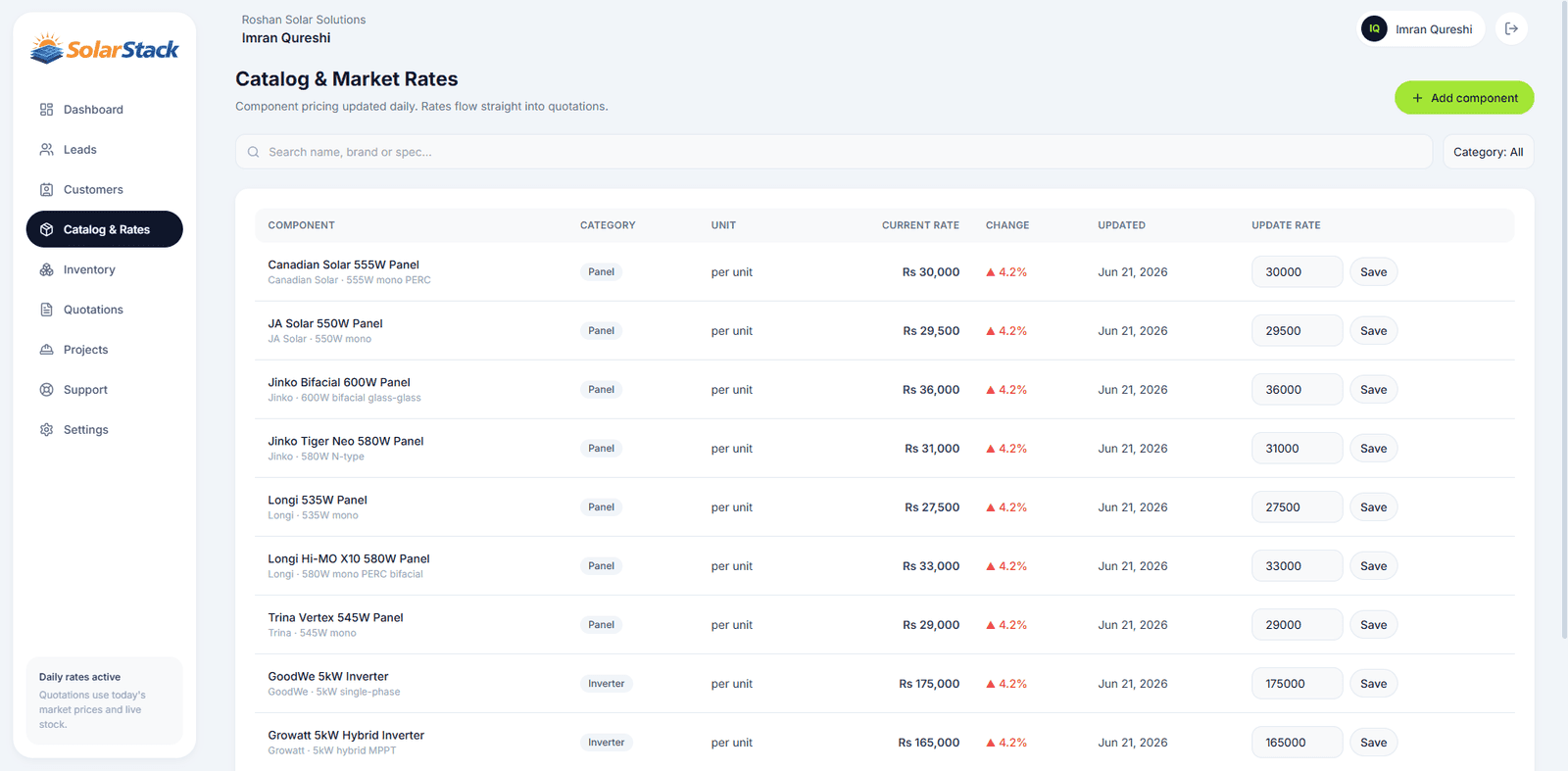 SolarStack — Catalog with daily market rates