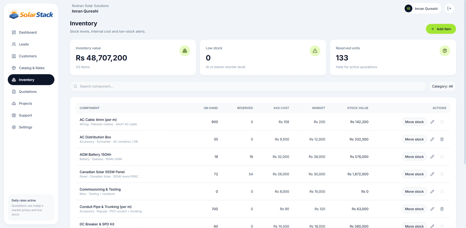 SolarStack — Live inventory and true costing