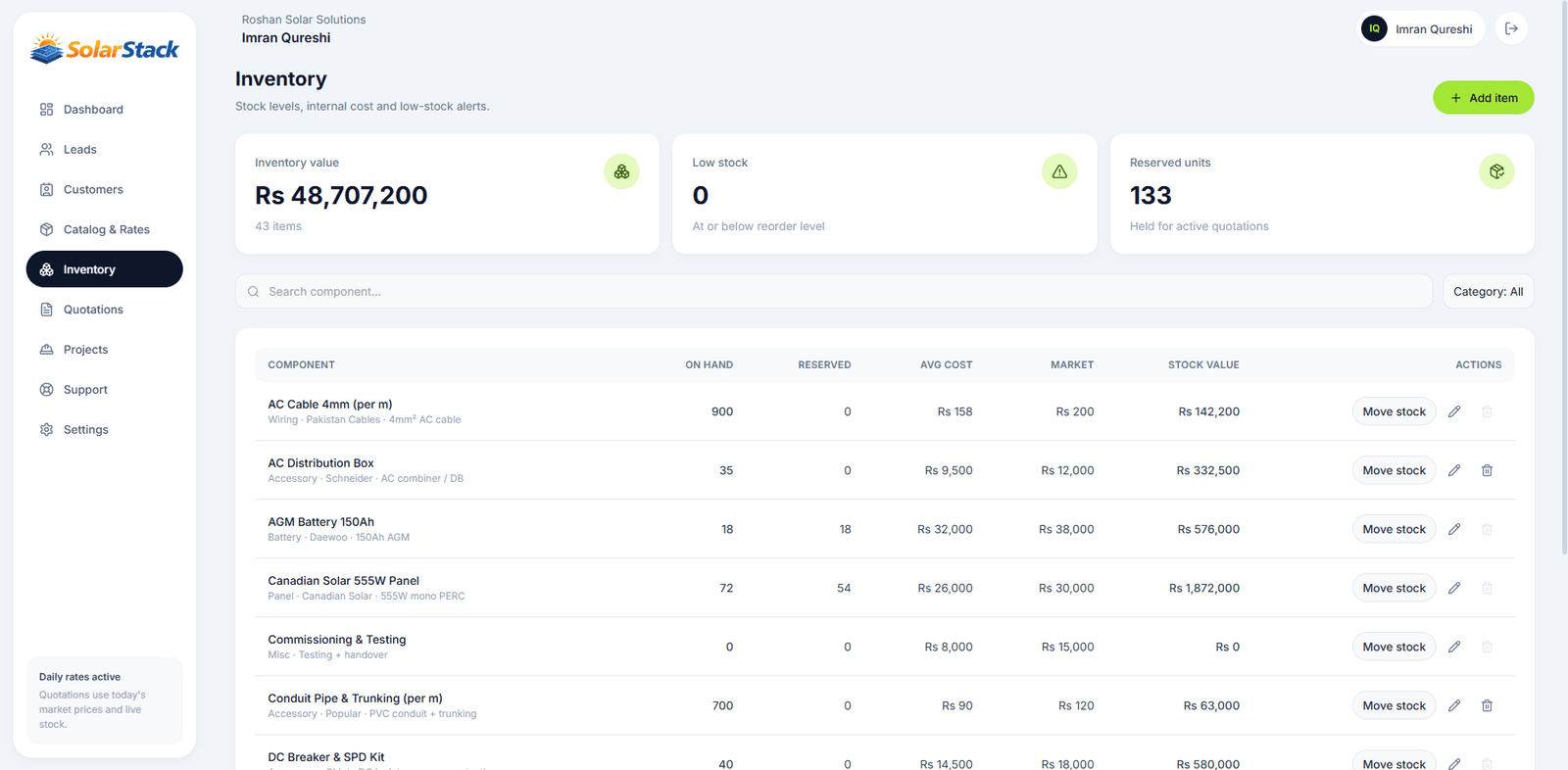 SolarStack — Live inventory and true costing